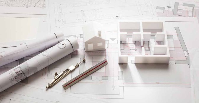 Residential building project architectural design, blueprint plans and house model, banner